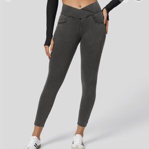 Halara high waisted crossover grey denim work leggings pockets 7/8 L NWT